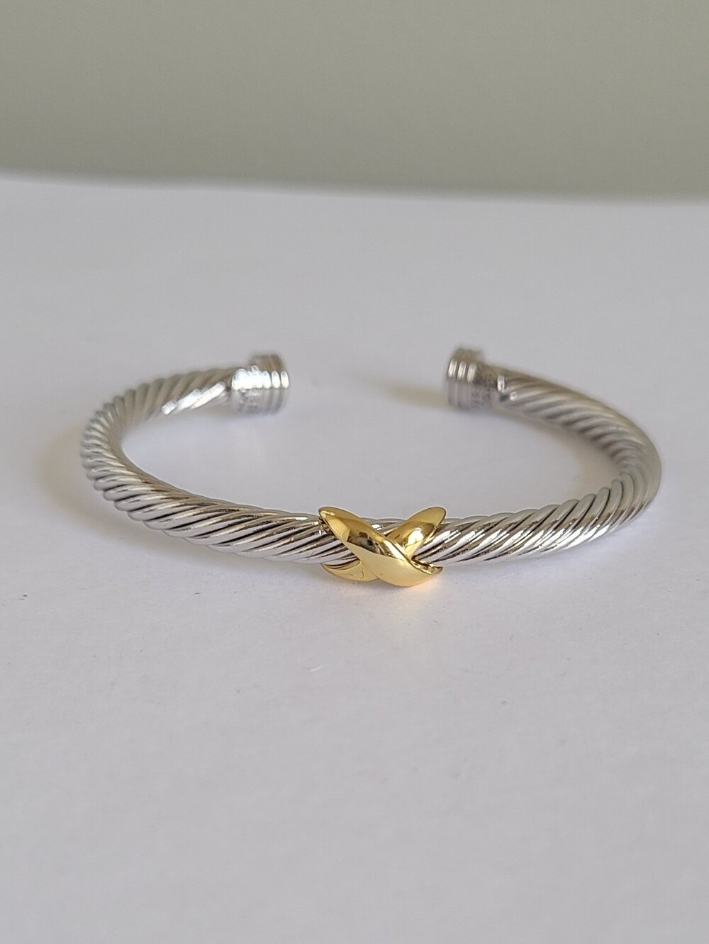 David Yurman Signed Sterling Silver 14K Gold X Open Cuff Bangle Bracelet